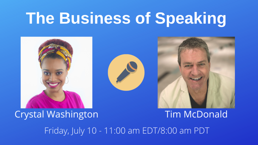 Crystal Washington and Tim McDonald with the date and time for the Business of Speaking Show