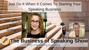 Title card for The Business of Speaking Show with Beth Granger showing small boy looking at first stair of staircase