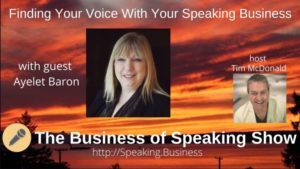 Ayelet Baron on Business of Speaking Show with sunset in background